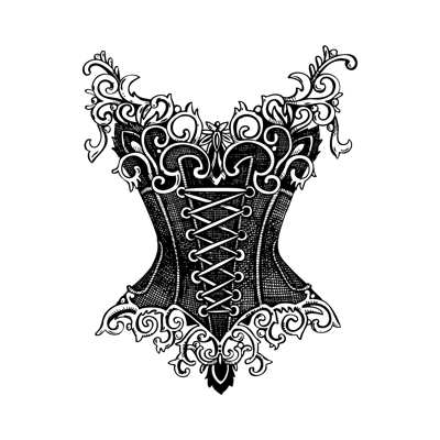 Vintage corset top vector sketch. Romantic gothic fashion illustration. Halloween, dark academia clothes. Hand drawn historical costume design. NOT AI generated